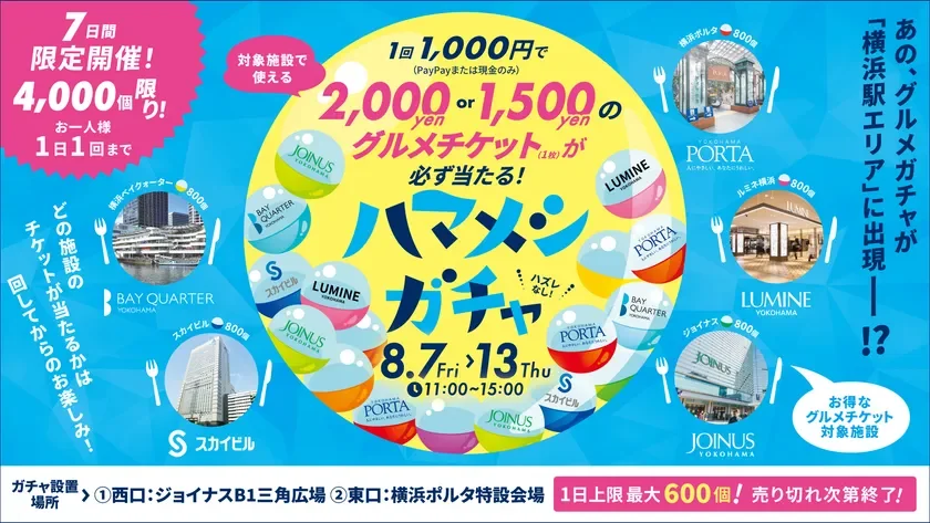 横浜駅エリアに「ハマメシガチャ」が期間限定で登場!1,000円で最大2,000円分のグルメチケットが当たるチャンス!