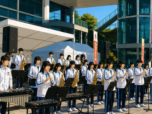 屋外で吹奏楽を演奏する学生たち