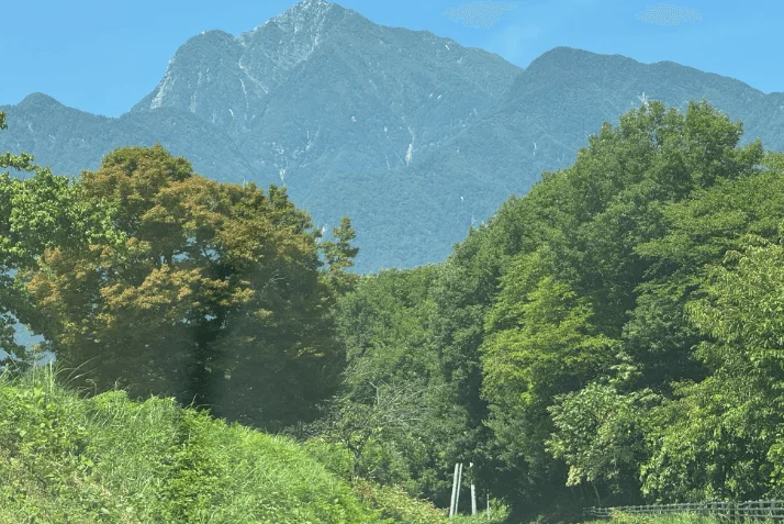 晴れた青空の下、雄大な山々が広がる自然の風景