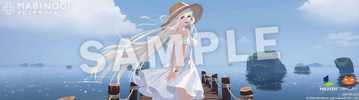麦わら帽子をかぶった白いドレス姿の少女が、穏やかな海と島々が広がる桟橋に立っているアニメ風のイラスト