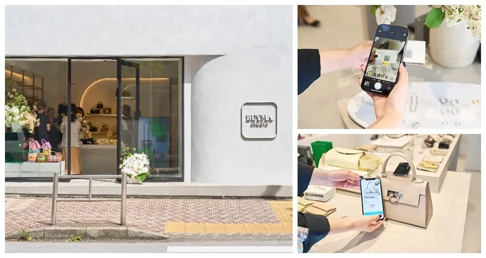 白い外観のBUYMA Studioの店舗と、店内でスマートフォンを使って商品の情報を確認したり、QRコードをスキャンしたりする顧客の様子