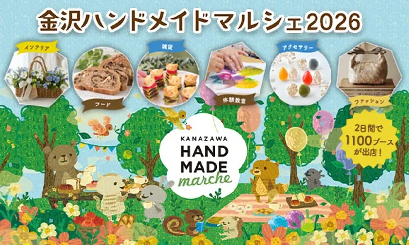 金沢ハンドメイドマルシェ2026の告知ポスター。動物イラストが可愛らしく、インテリア、フード、雑貨、体験教室、アクセサリー、ファッションなど多様な手作り品を紹介。2日間で1100ブースが出店。
