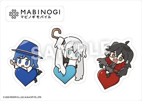 マビノギモバイルのデフォルメされた3人のキャラクターが、それぞれ青、水色、赤のハートの上に座っている可愛らしいイラスト