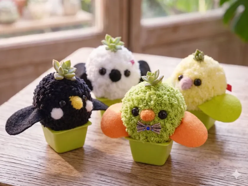 窓辺の木製テーブルに、多肉植物を頭に乗せたカラフルでふわふわの鳥のぬいぐるみが4つ並んでいます。緑色の小さなポットに入っており、手作りの温かみを感じさせる可愛らしいインテリア雑貨です。