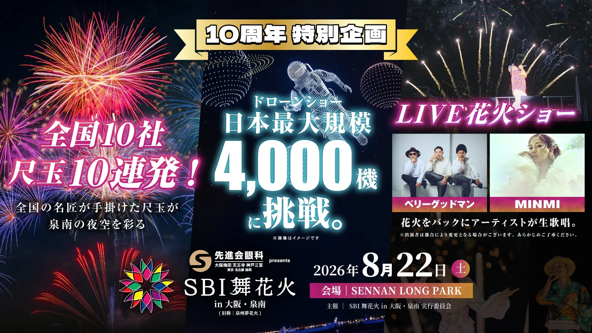 10周年特別企画 全国10社 尺玉10連発!全国の名匠が手掛けた尺玉が泉南の夜空を彩る ドローンショー 日本最大規模 4,000機に挑戦。※画像はイメージです LIVE花火ショー 花火をバックにアーティストが生歌唱。※出演者は都合により変更となる場合がございます。あらかじめご了承ください。 ベリーグッドマン MINMI 先進会眼科 presents SBI舞花火 in 大阪・泉南 (旧称|泉州夢花火) 大阪梅田 天王寺 神戸三宮 東京 名古屋 福岡 2026年 8月22日 土 会場 | SENNAN LONG PARK 主催 | SBI舞花火 in 大阪・泉南実行委員会