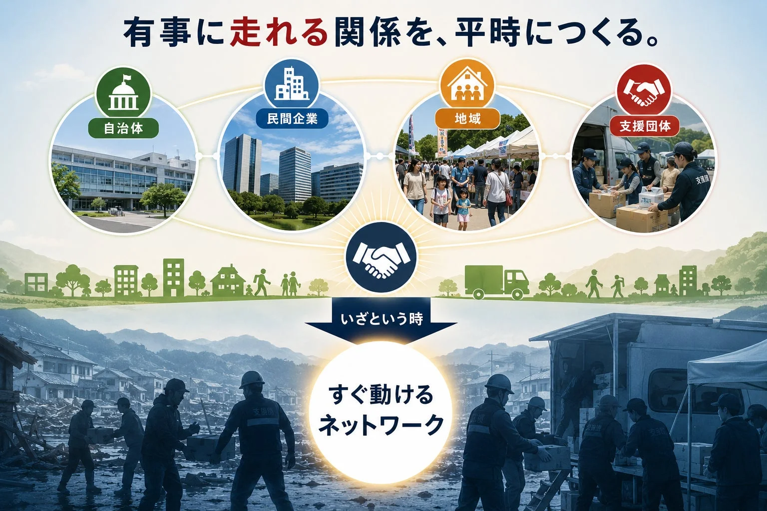 災害支援、連携、ネットワーク、自治体、民間企業、地域、支援団体、緊急時、平常時、防災、復旧