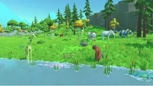 湖のほとりにキリンやゾウ、クマなどの動物たちが集まる、カートゥーン調の自然風景です。緑豊かな丘には木々が立ち並び、穏やかな雰囲気が漂っています。
