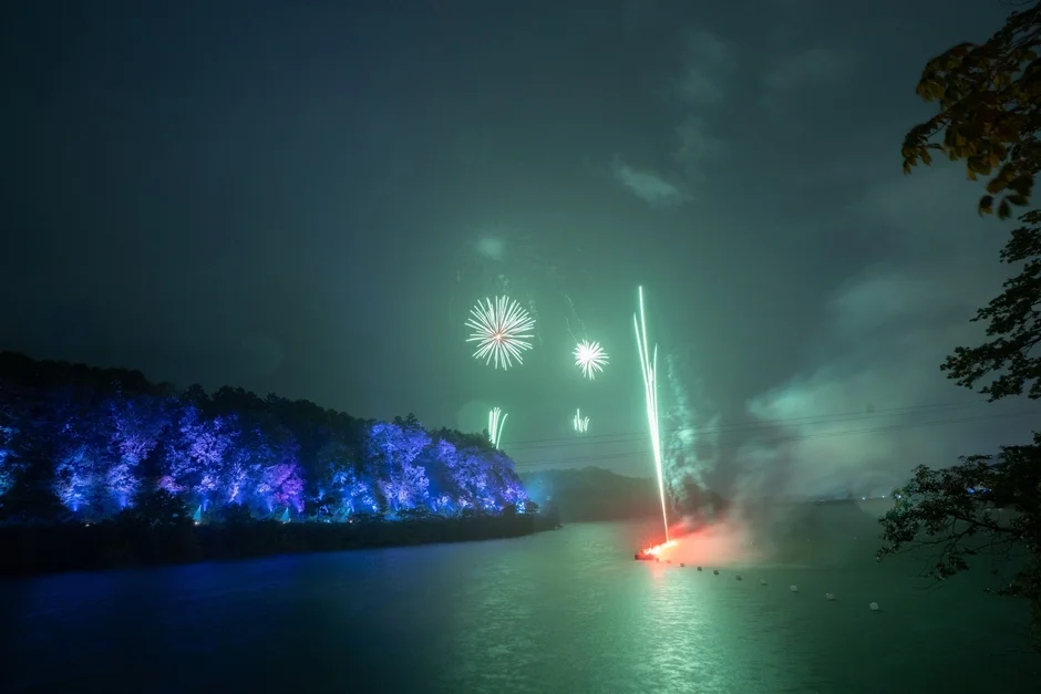 夜の湖畔で打ち上げられる色とりどりの花火と、青くライトアップされた木々が水面に映り込み、幻想的な景色を作り出しています