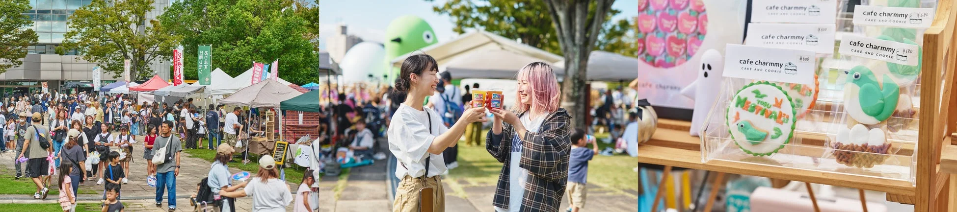 「青空こどもまつり」のような屋外イベントの様子。多くの人々が賑わう中、屋台で販売されるフードや可愛らしいアイシングクッキーが目を引く。楽しそうに交流する若者たちの笑顔が印象的な、活気ある風景です。