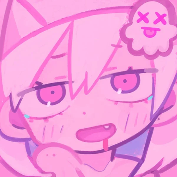 ピンクの髪のキャラクターが描かれたイラスト。疲れたような表情で涙や口元の液体が見える。頭には×目の幽霊モチーフがあり、全体的にピンクで統一された病みかわいい雰囲気の作品です。