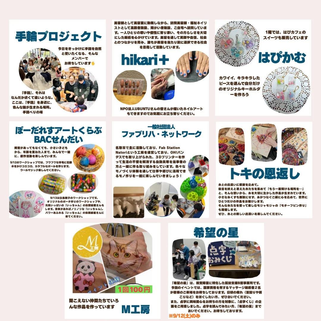 手輪プロジェクト、hikari+、はぴかむ、ぼーだれすアートくらぶBACせんだい、ファブリハ・ネットワーク、トキの恩返し、M工房