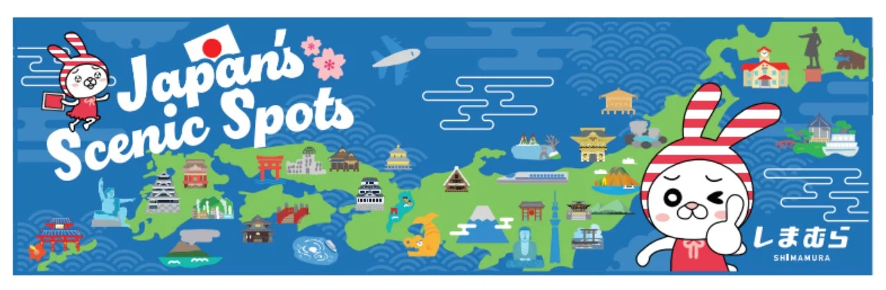 日本の主要な観光名所が描かれた可愛らしい地図イラスト