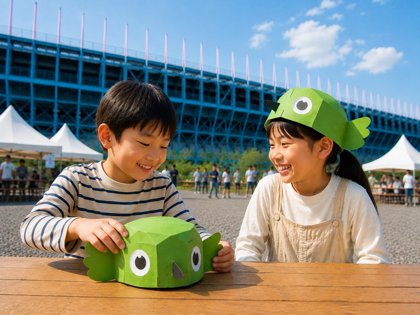 明るい日差しの下、屋外イベントで笑顔を見せる二人の子供。女の子は緑色の魚の帽子をかぶり、男の子は同じ魚の工作品を持って楽しんでいます。背景には大きな青い建物と白いテントが見えます。