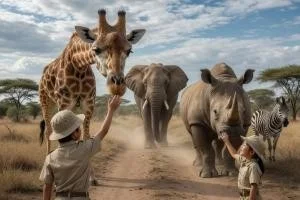 子供たちがアフリカのサバンナでキリン、ゾウ、サイ、シマウマなどの野生動物と間近で触れ合っている様子。広大な自然の中で動物たちと共存するサファリ体験を描写しています。