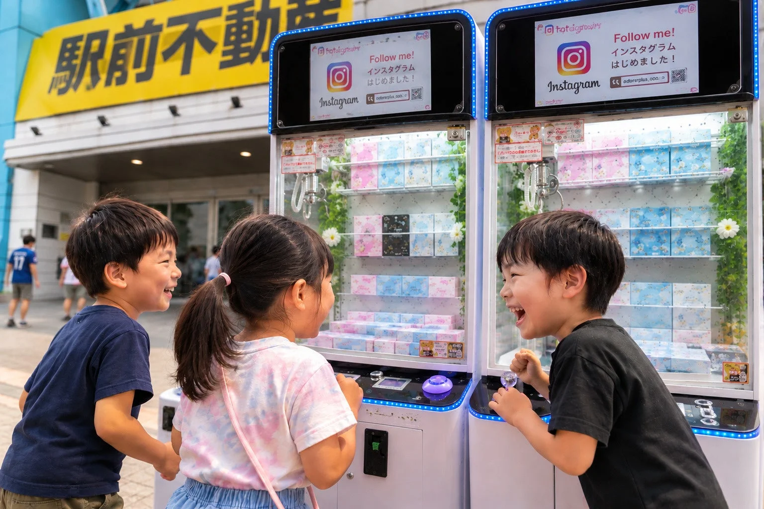 屋外で3人の子供たちがクレーンゲームに夢中になっている様子です。男の子2人は満面の笑みを浮かべ、女の子も楽しそうにゲーム機を操作しています。背景には「駅前不動」の看板が見え、クレーンゲームのディスプレイには「インスタグラムはじめました!」という表示があります。カラフルな景品が並び、子供たちの楽しげな雰囲気が伝わります。
