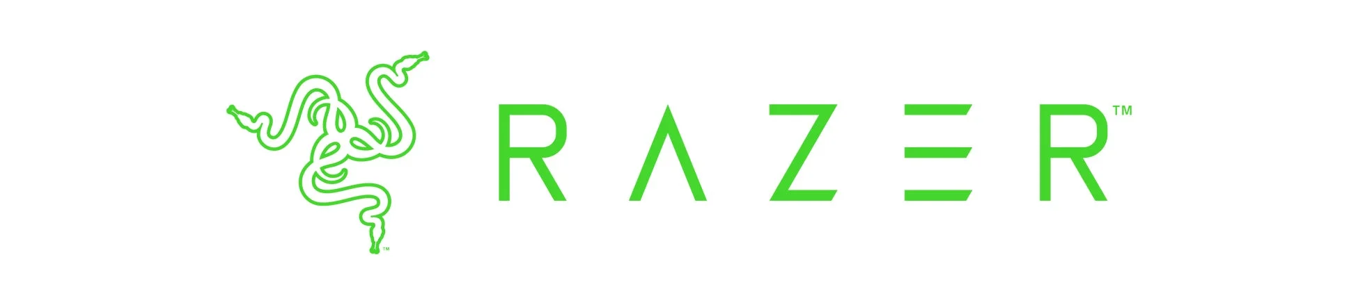 ゲーミングデバイスメーカーRazerの公式ロゴです。3匹の蛇が絡み合った特徴的なシンボルと、鮮やかな緑色のブランド名「RAZER」が描かれています。