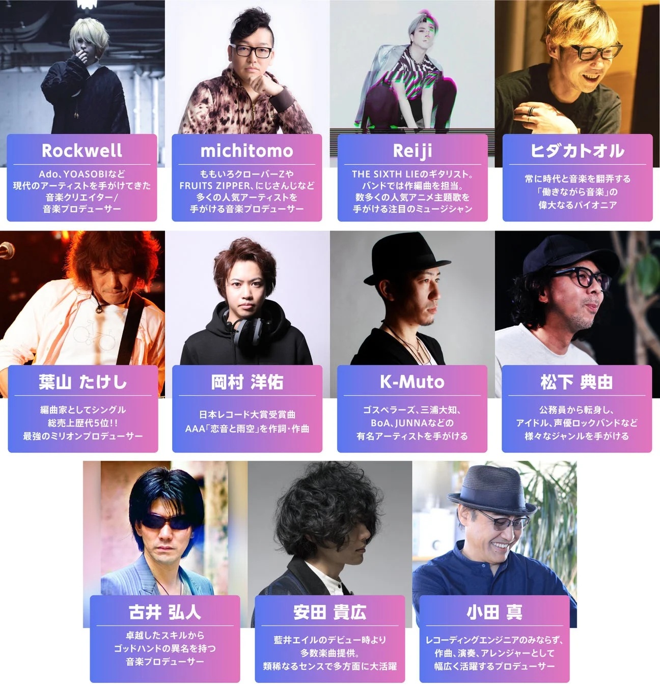 日本の音楽業界で活躍する12名の著名なプロデューサー、クリエイター、ミュージシャンを紹介