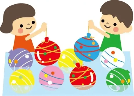 水風船(ヨーヨー)釣りを楽しむ子供たちのイラスト