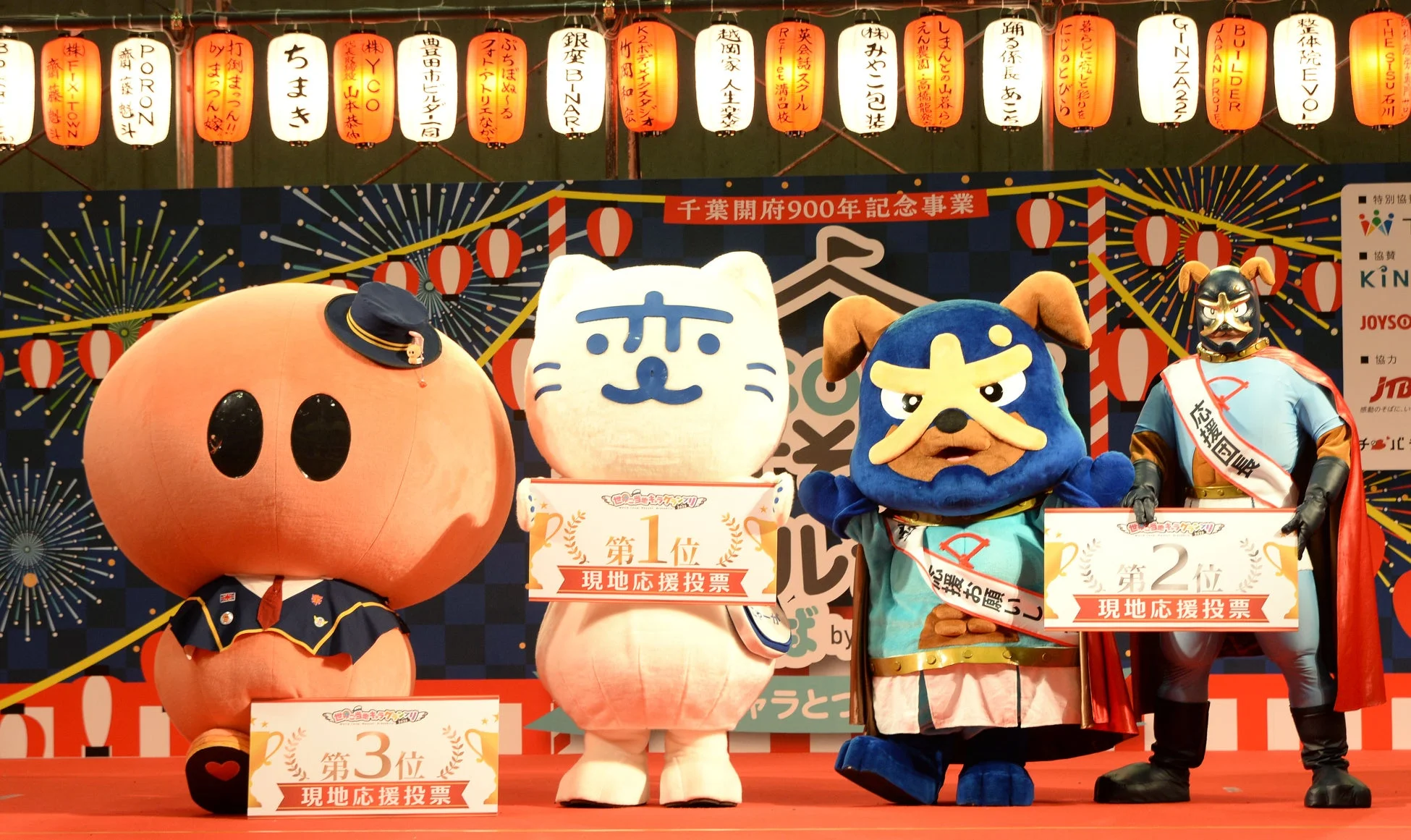 ゆるキャラ3体が並び、1位から3位の順位が書かれたボードを手にしている様子