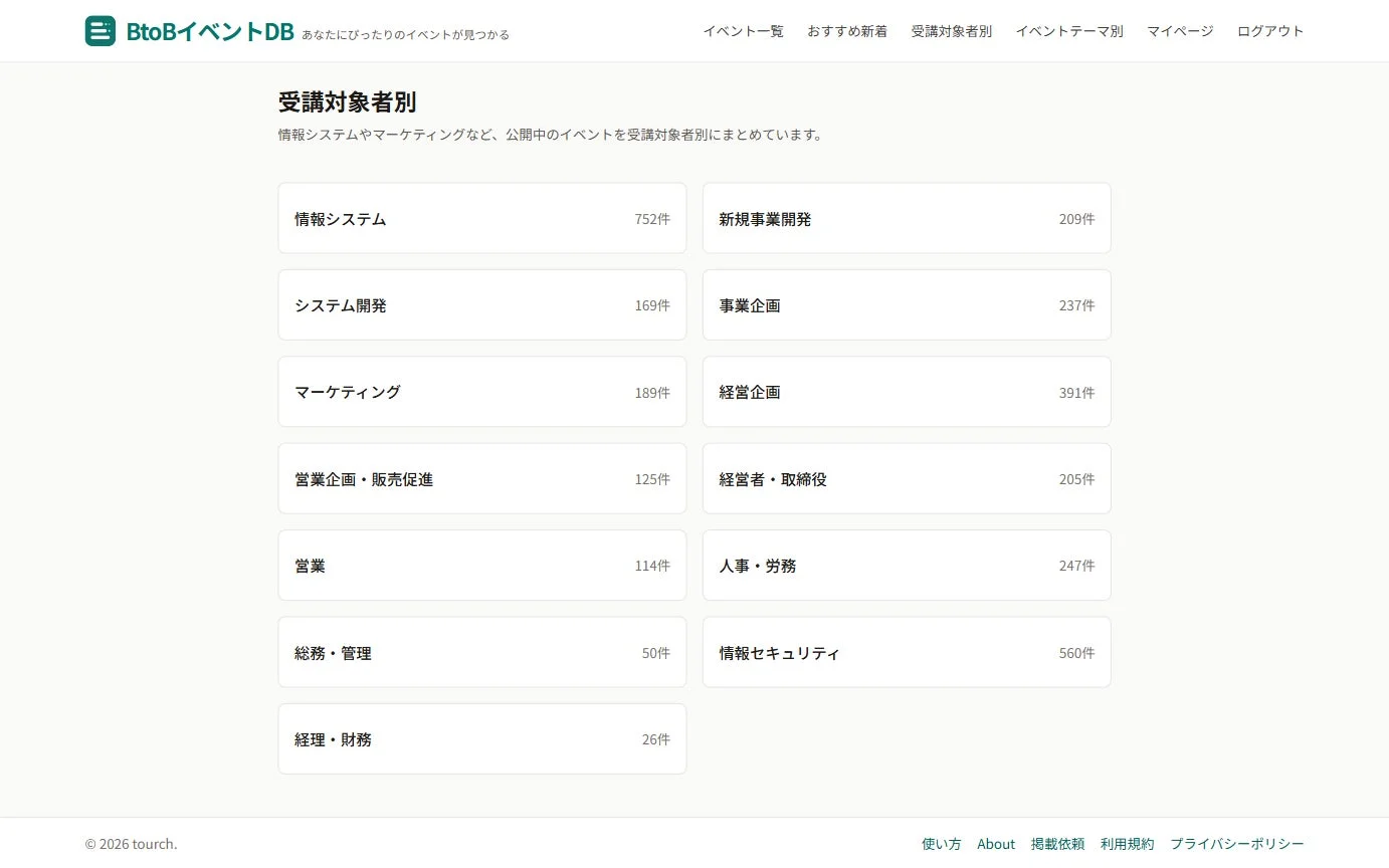 BtoBイベントDBの受講対象者別一覧画面