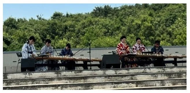 屋外ステージで琴を演奏する女性たち
