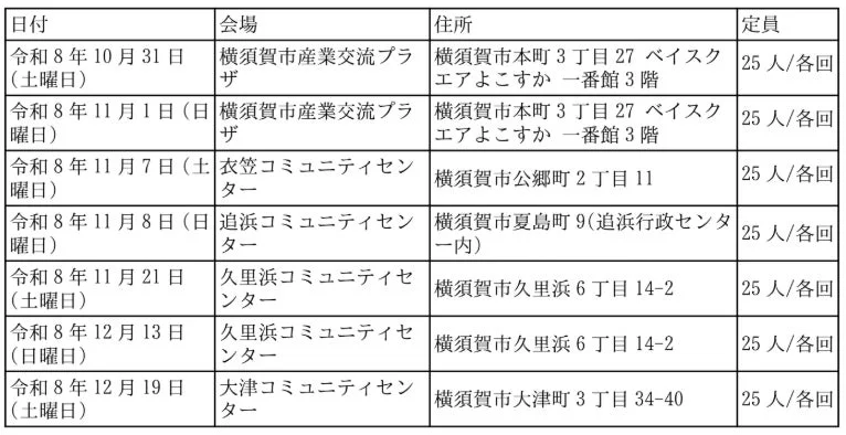 令和8年10月から12月にかけて横須賀市内で開催されるイベントや講座のスケジュール表