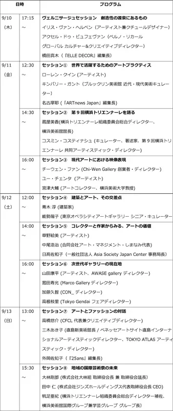 9月10日から13日までのアート関連プログラムスケジュール。