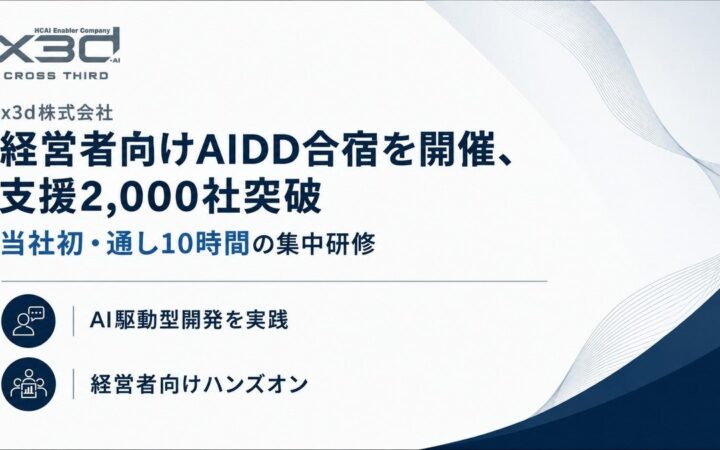 x3d(クロスサード) AI支援企業数が累計2,000社を突破。また当社初・通し10時間の経営者向けClaudeCodeを活用したAI駆動開発・エージェント開発合宿を開催