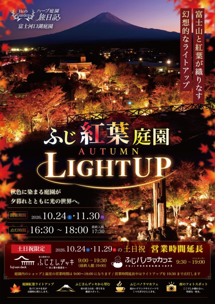 「ふじ紅葉庭園 AUTUMN LIGHT UP 2026」10月24日(土)より開催!土日祝日は「ふじさんデッキ」「ふじパノラマカフェ」の夜間特別営業も実施