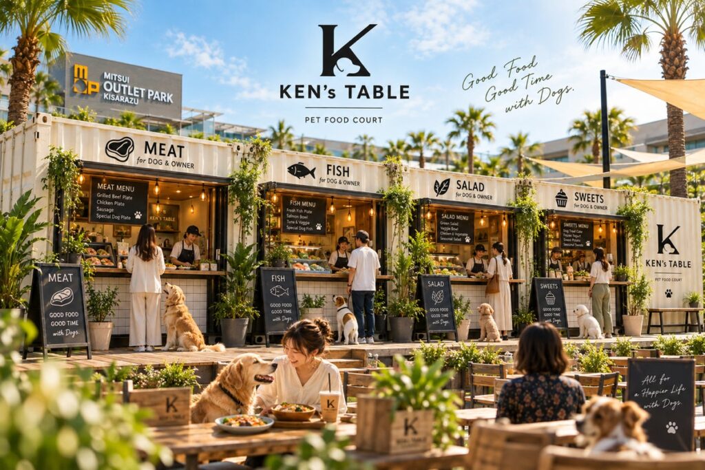 “愛犬が主役”のフードコート「KEN’s TABLE」が2027年春誕生へ!愛犬と飼い主が「ワンプレート」をシェア。10月15日(木)~25日(日)三井アウトレットパーク 木更津で先行ポップアップ開催