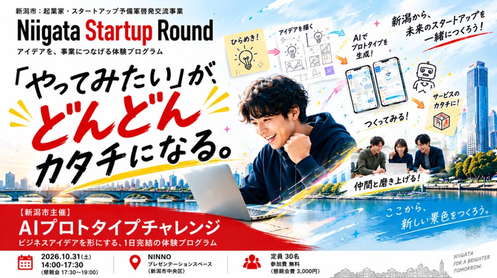 起業に関心のある学生や社会人が、アイデアの具現化から実践者による伴走、投資家へのピッチ挑戦。事業開発プロセスをまるごと体験できる実践型プログラム「Niigata Startup Round」開催