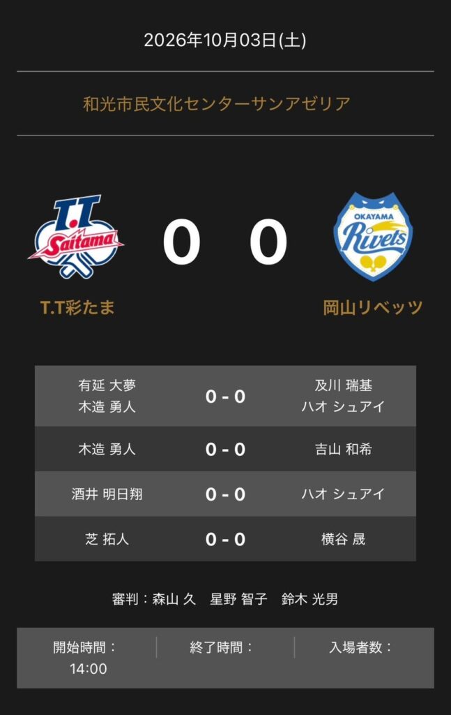 ノジマTリーグ 2026-2027シーズン 公式戦 10月3日開催 T.T彩たま vs 岡山リベッツ オーダー発表