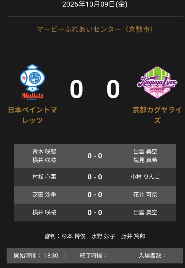 ノジマTリーグ 2026-2027シーズン 公式戦 10月9日開催 日本ペイントマレッツ vs 京都カグヤライズ オーダー発表