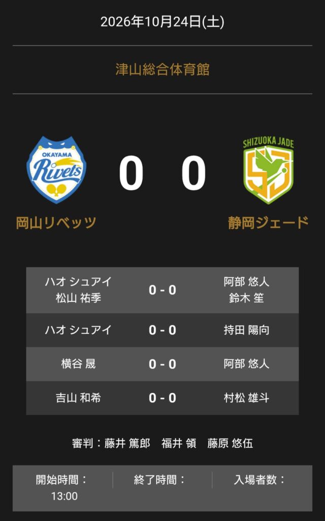 ノジマTリーグ 2026-2027シーズン 公式戦 10月24日開催 岡山リベッツ vs 静岡ジェード オーダー発表